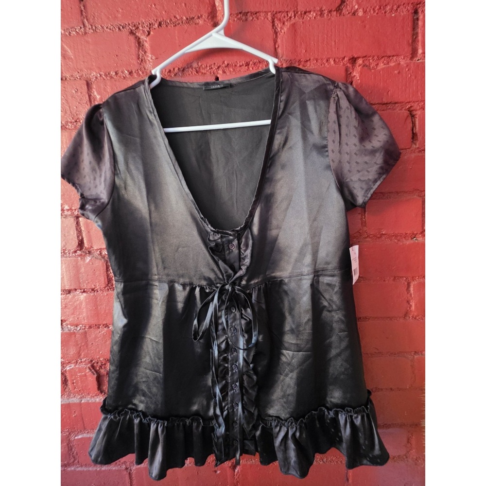 Tahari NWT M Black Satin Blouse Top Ruffle Lace Up Romantic Gothic Sheer Sleeve